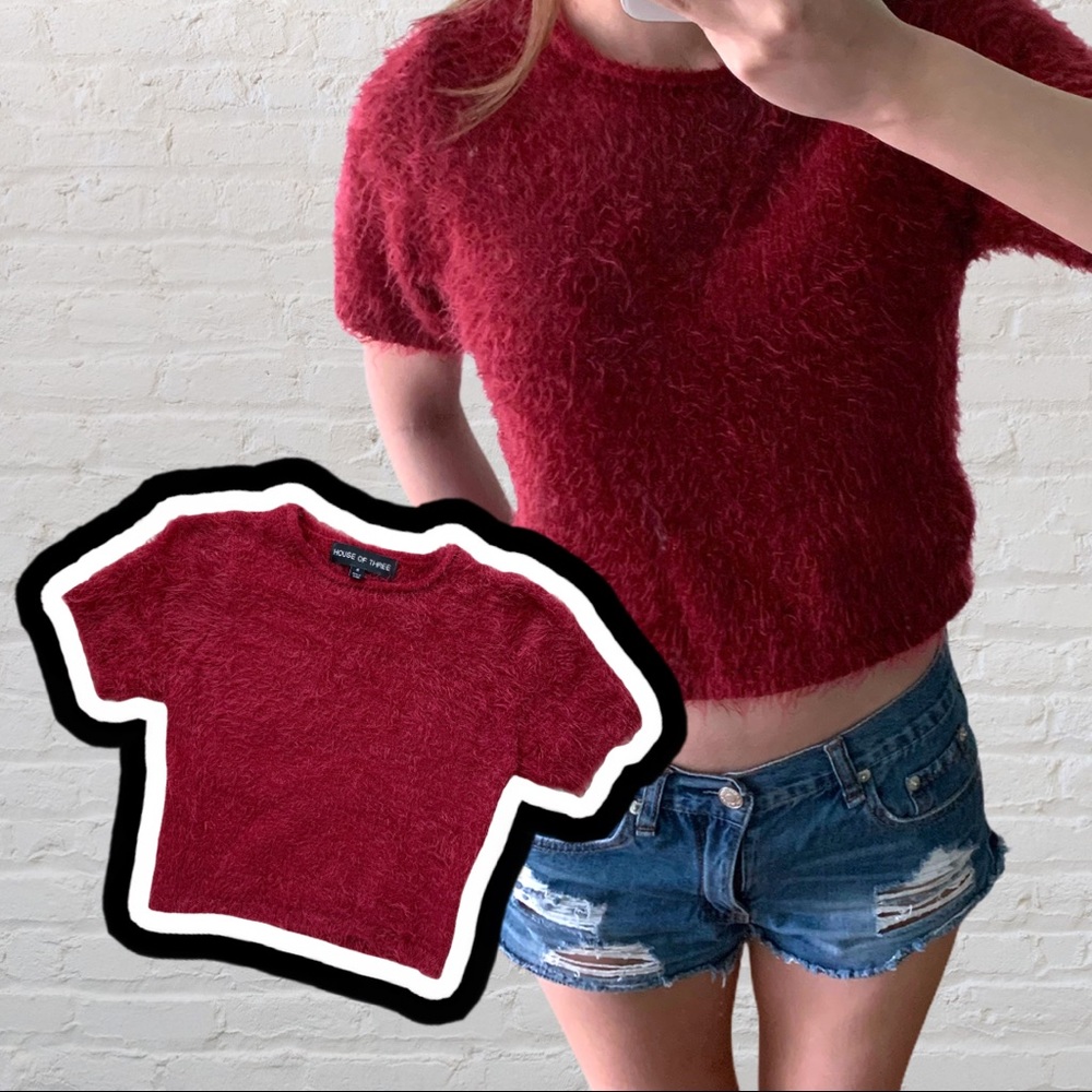 House Of Three Fuzzy Maroon Crop Top